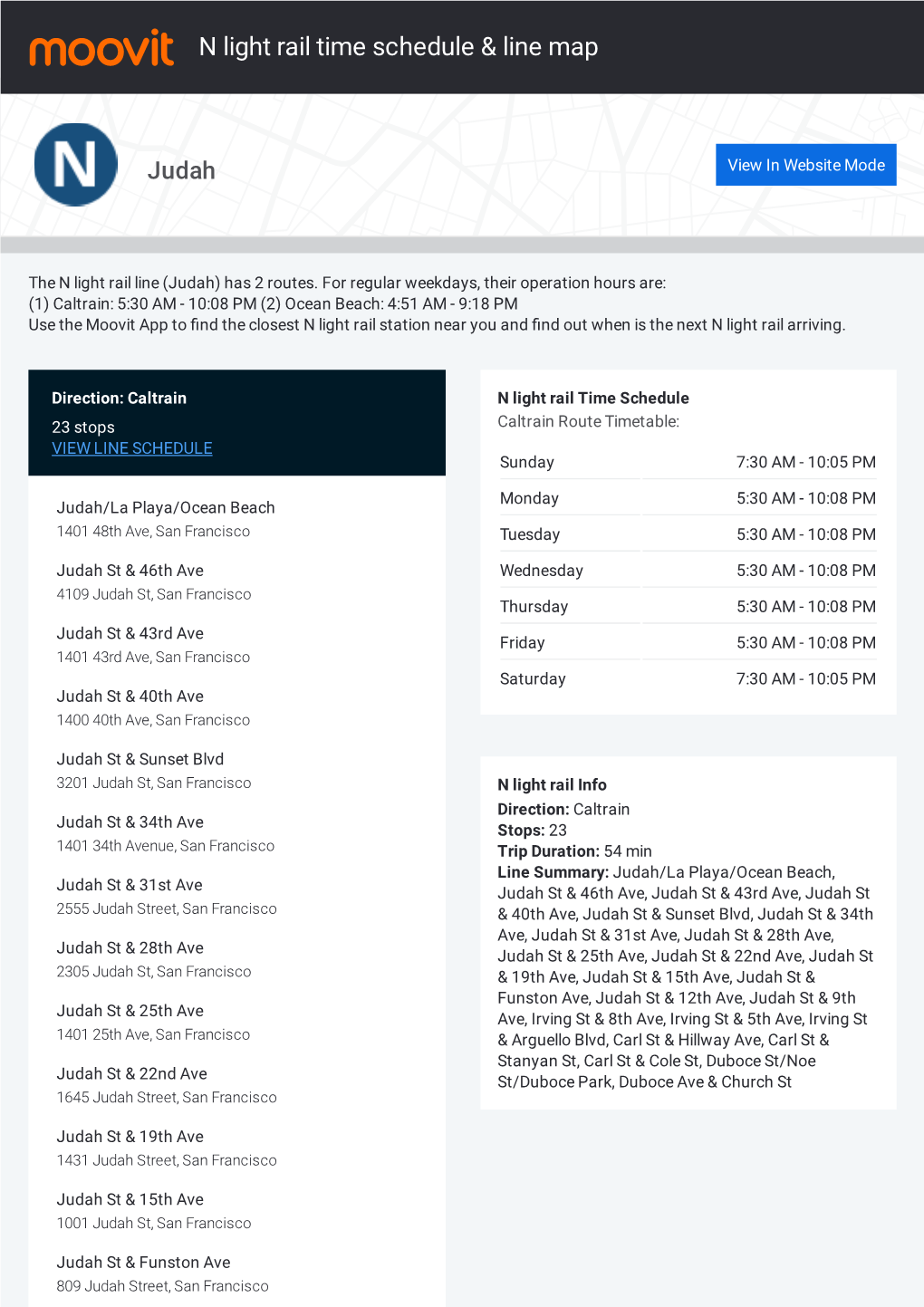N Light Rail Time Schedule & Line Route
