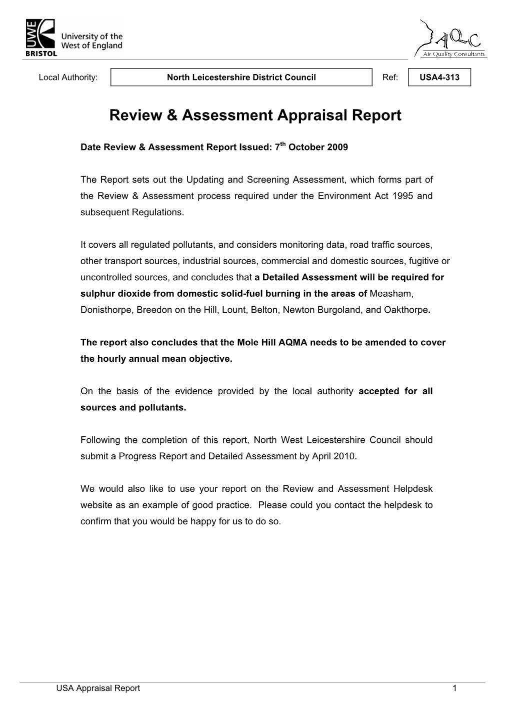 Review & Assessment Appraisal Report