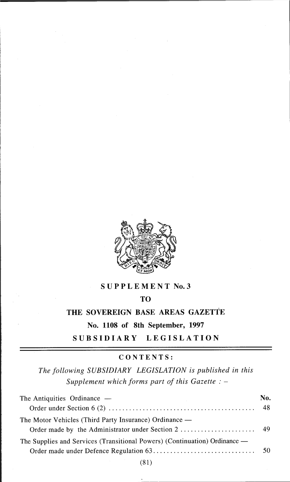 No. 1108 of 8Th September, 1997 SUBSIDIARY LEGISLATION