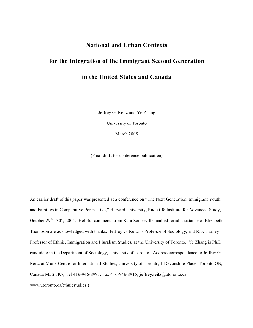 National and Urban Contexts for the Integration of the Immigrant Second