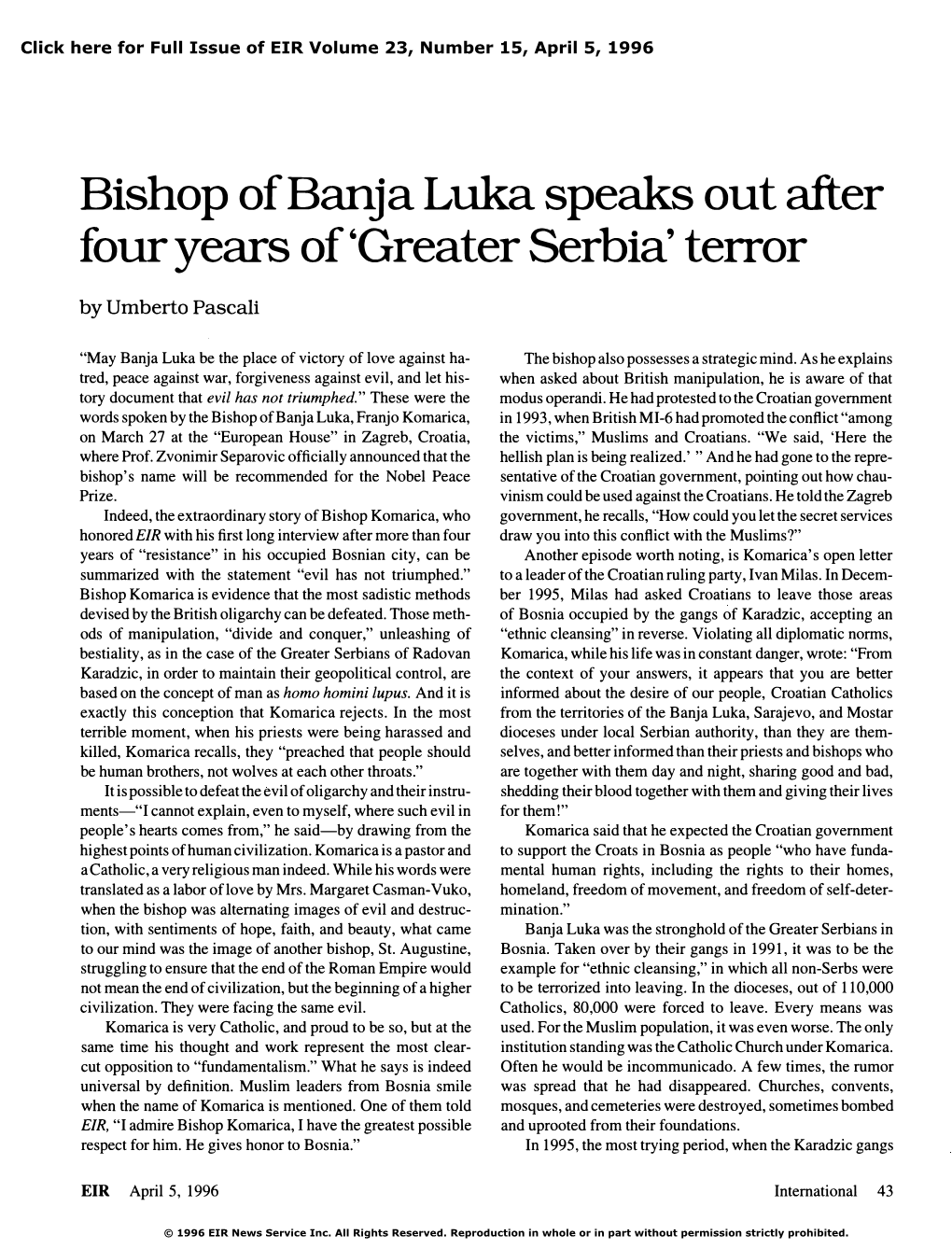 Bishop of Banja Luka Speaks out After Four Years of 'Greater Serbia' Terror