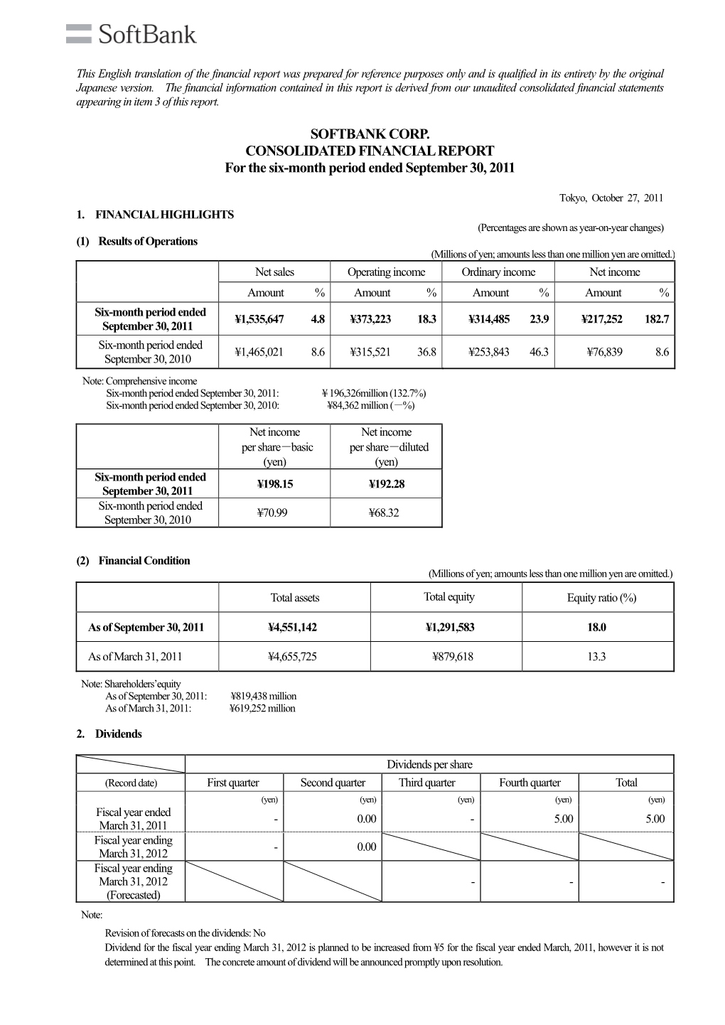 CONSOLIDATED FINANCIAL REPORT for the Six-Month Period Ended September 30, 2011