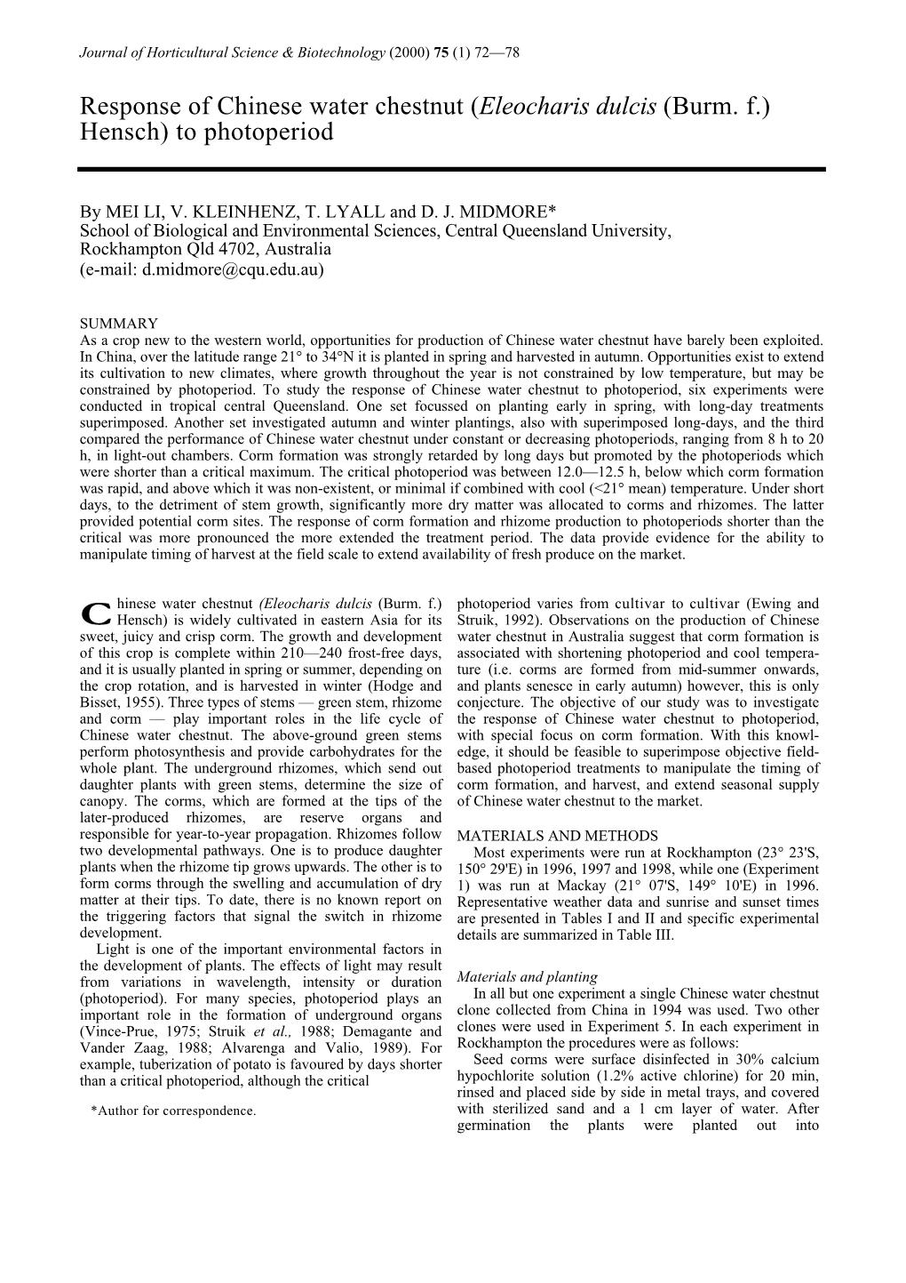 Response of Chinese Water Chestnut (Eleocharis Dulcis (Burm. F.) Hensch) to Photoperiod