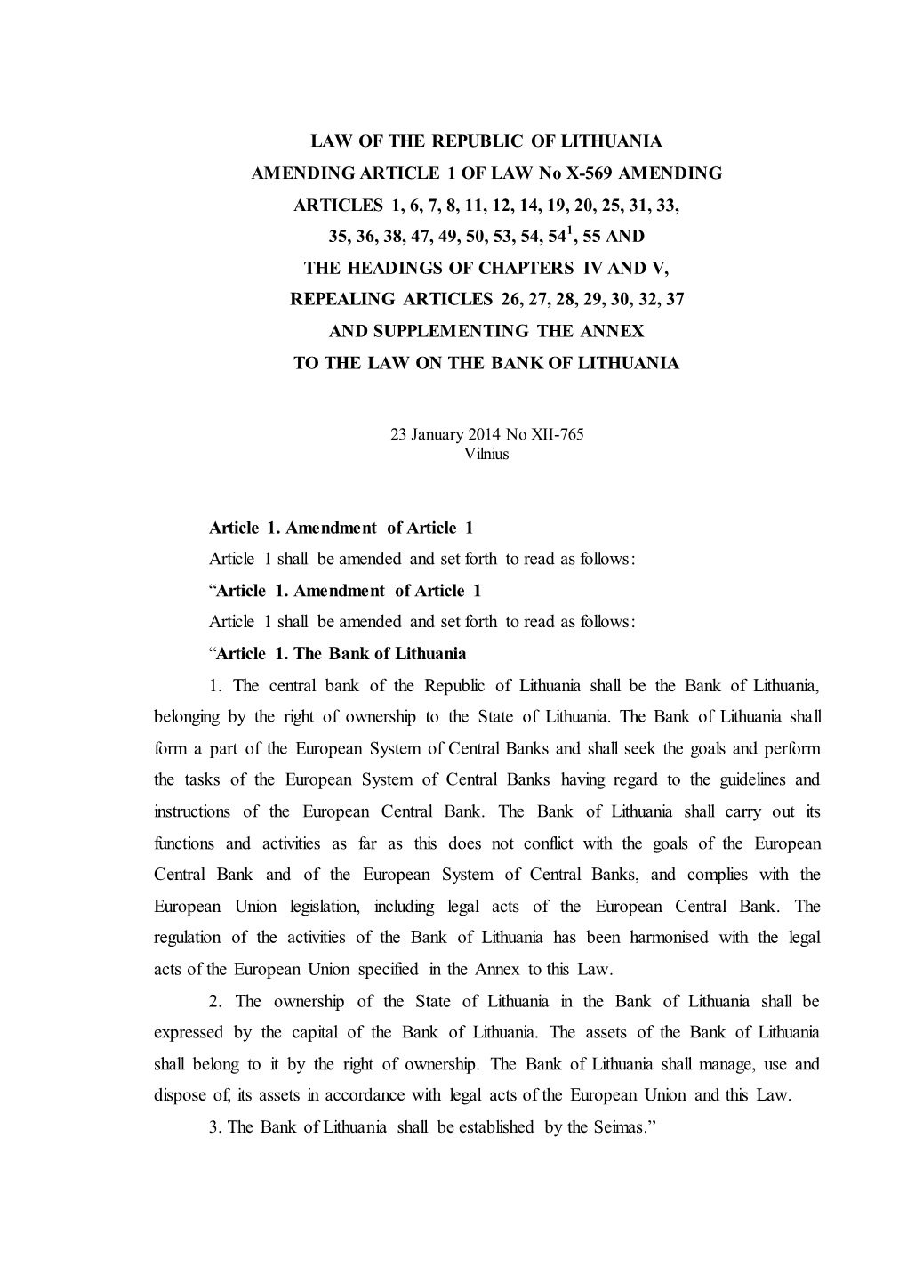 Law of the Republic of Lithuania Amending Article 1