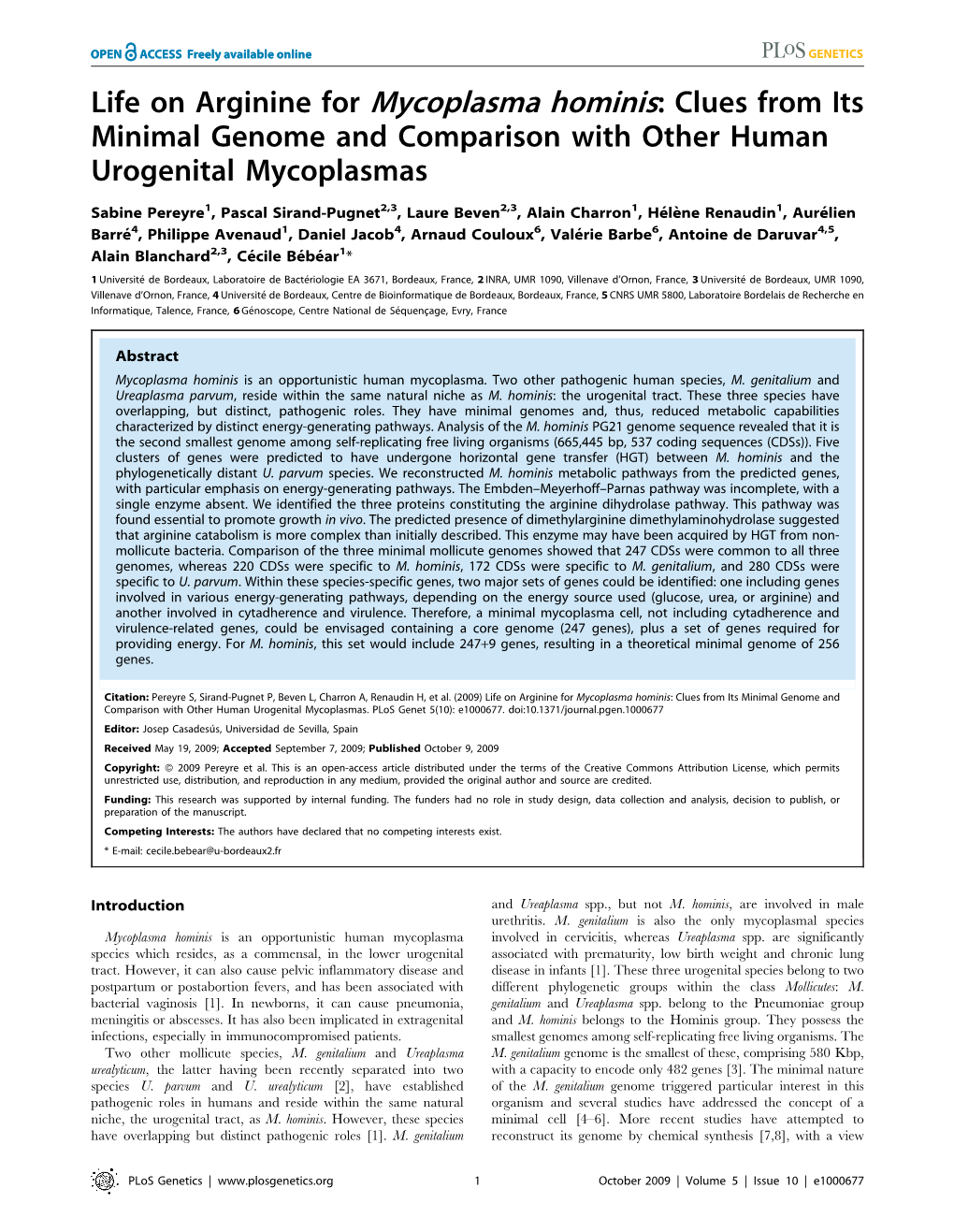 Clues from Its Minimal Genome and Comparison with Other Human Urogenital Mycoplasmas