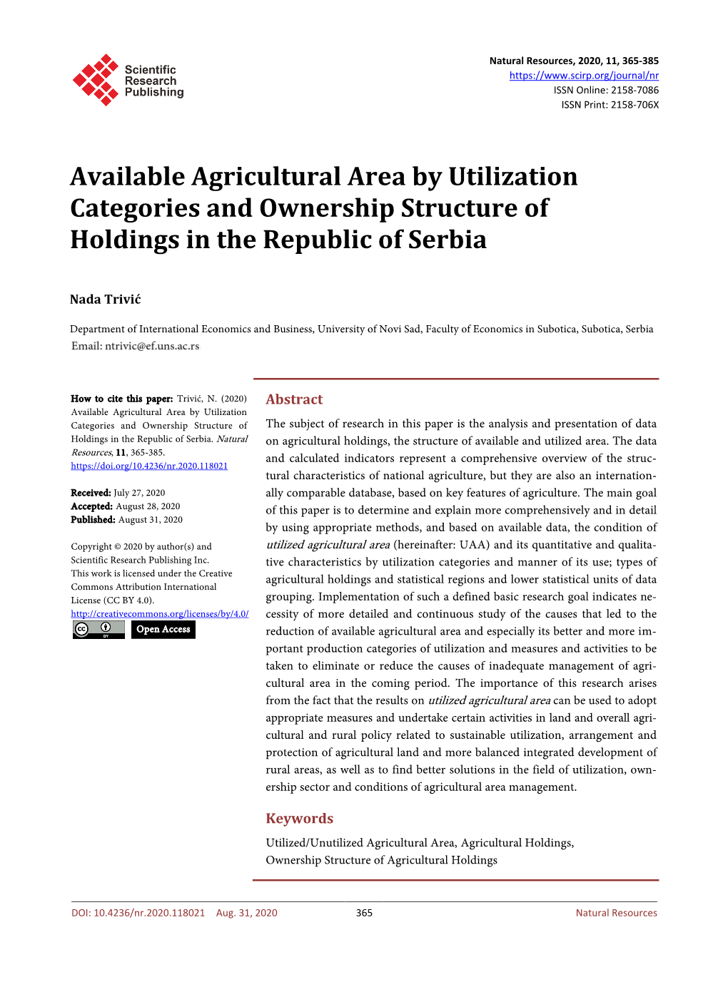 Available Agricultural Area by Utilization Categories and Ownership Structure of Holdings in the Republic of Serbia