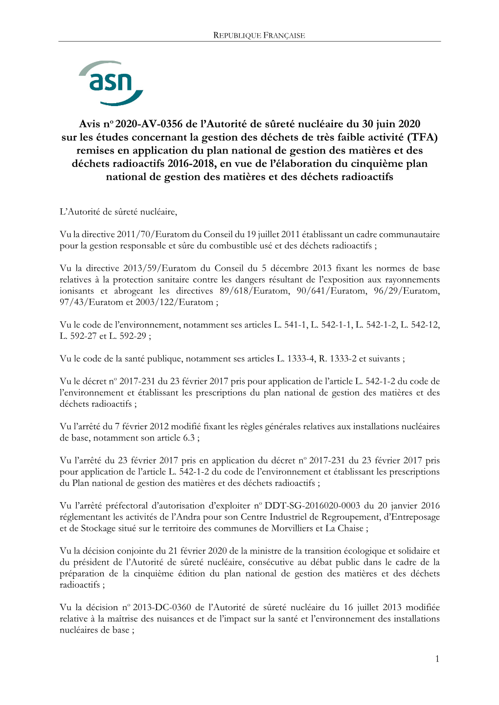 Avis No 2020-AV-0356 De L'autorité De Sûreté Nucléaire Du 30 Juin 2020