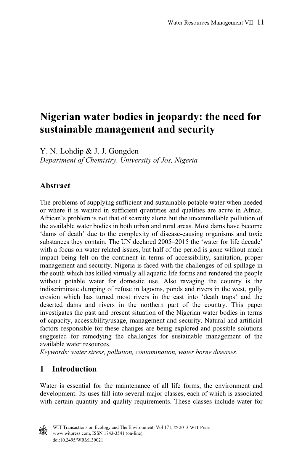 Nigerian Water Bodies in Jeopardy: the Need for Sustainable Management and Security
