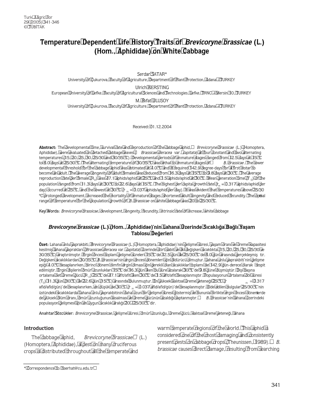 Temperature Dependent Life History Traits of Brevicoryne