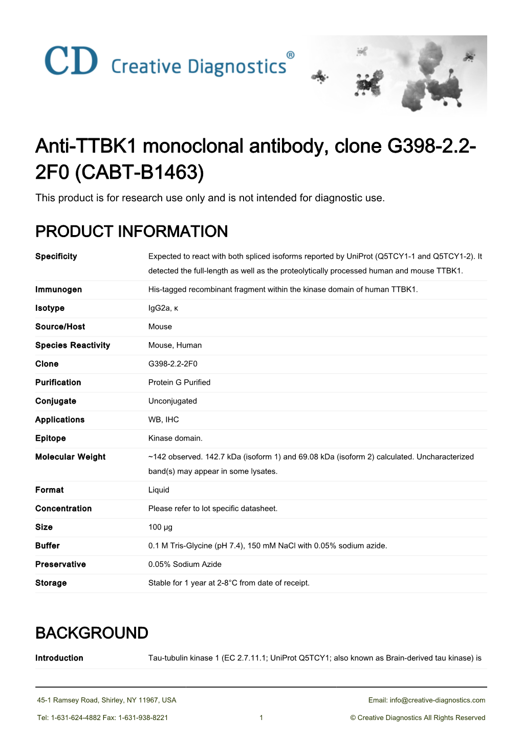 Anti-TTBK1 Monoclonal Antibody, Clone G398-2.2-2F0