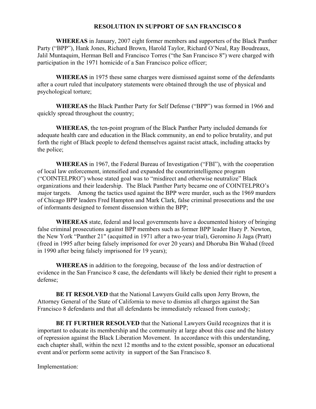 Resolution in Support of San Francisco 8
