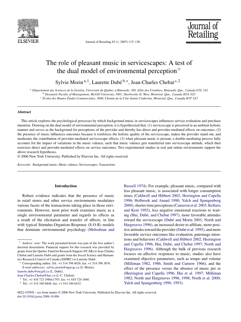 The Role of Pleasant Music in Servicescapes: a Test of the Dual Model of Environmental Perceptionଝ