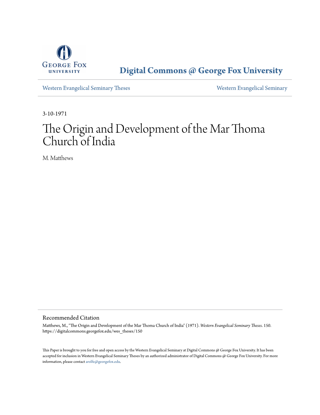 The Origin and Development of the Mar Thoma Church of India M