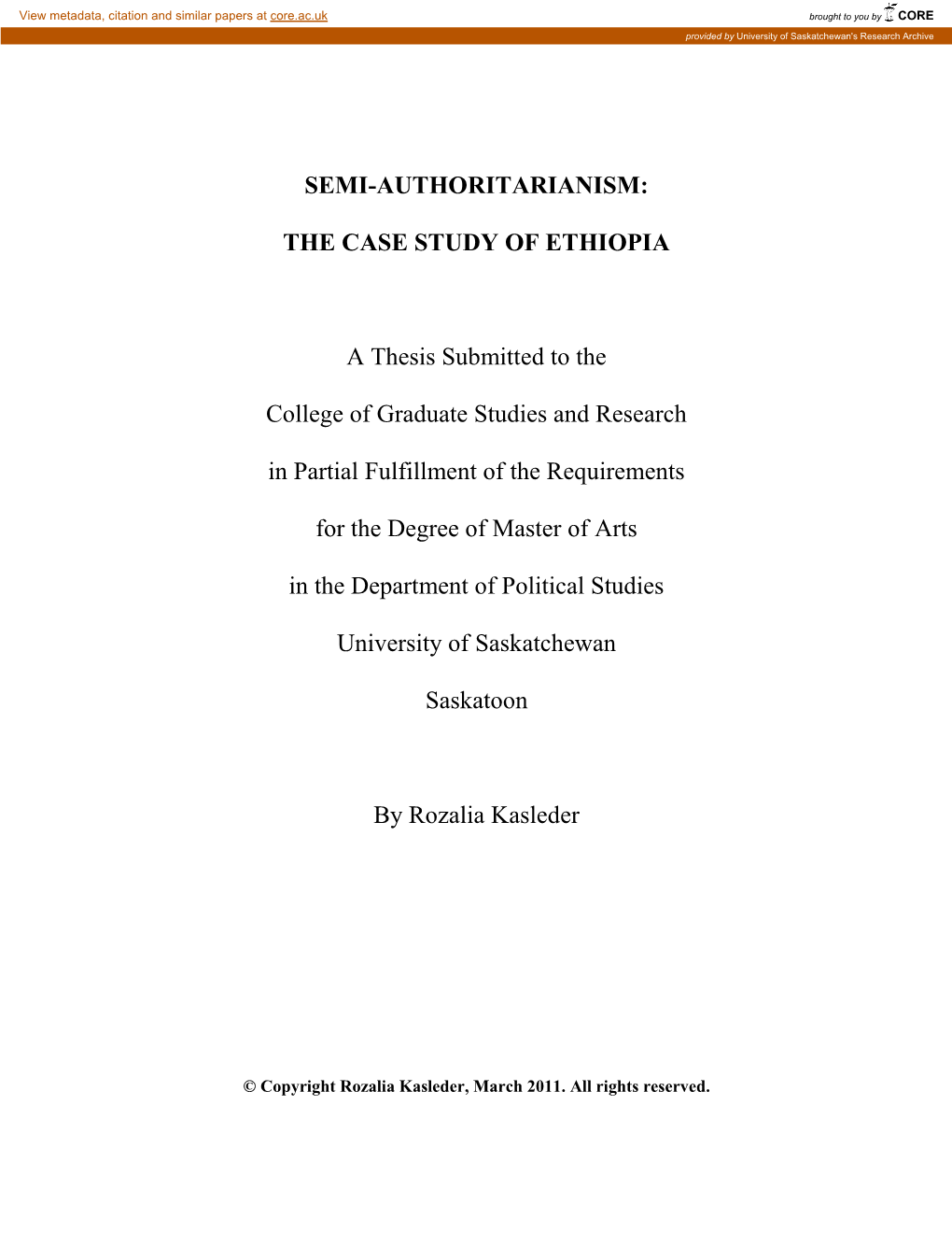 THE CASE STUDY of ETHIOPIA a Thesis Submitted to the College of Graduate Studies and Research in Parti