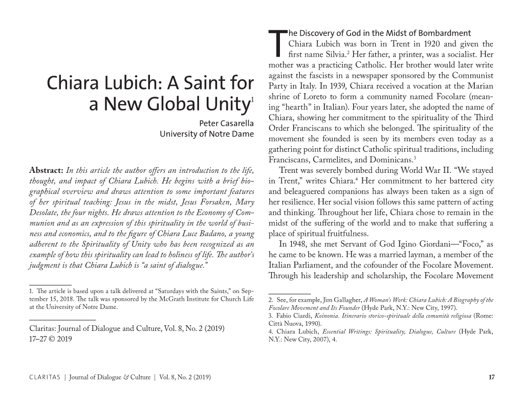 Chiara Lubich Was Born in Trent in 1920 and Given the Tfirst Name Silvia.2 Her Father, a Printer, Was a Socialist