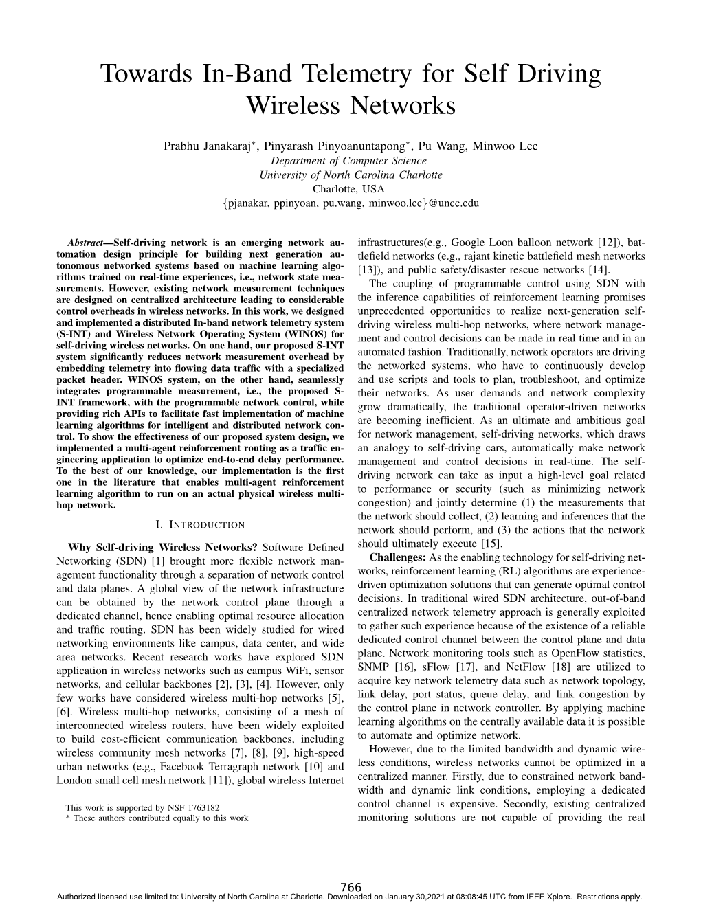 Towards In-Band Telemetry for Self Driving Wireless Networks