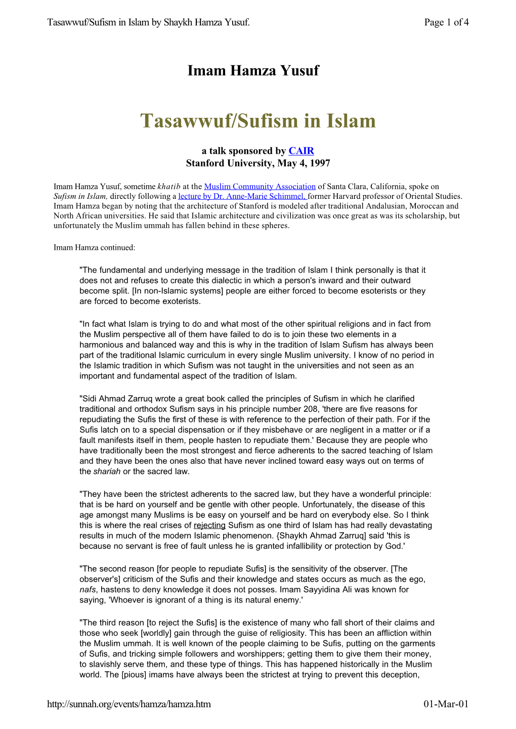 Tasawwuf/Sufism in Islam by Shaykh Hamza Yusuf