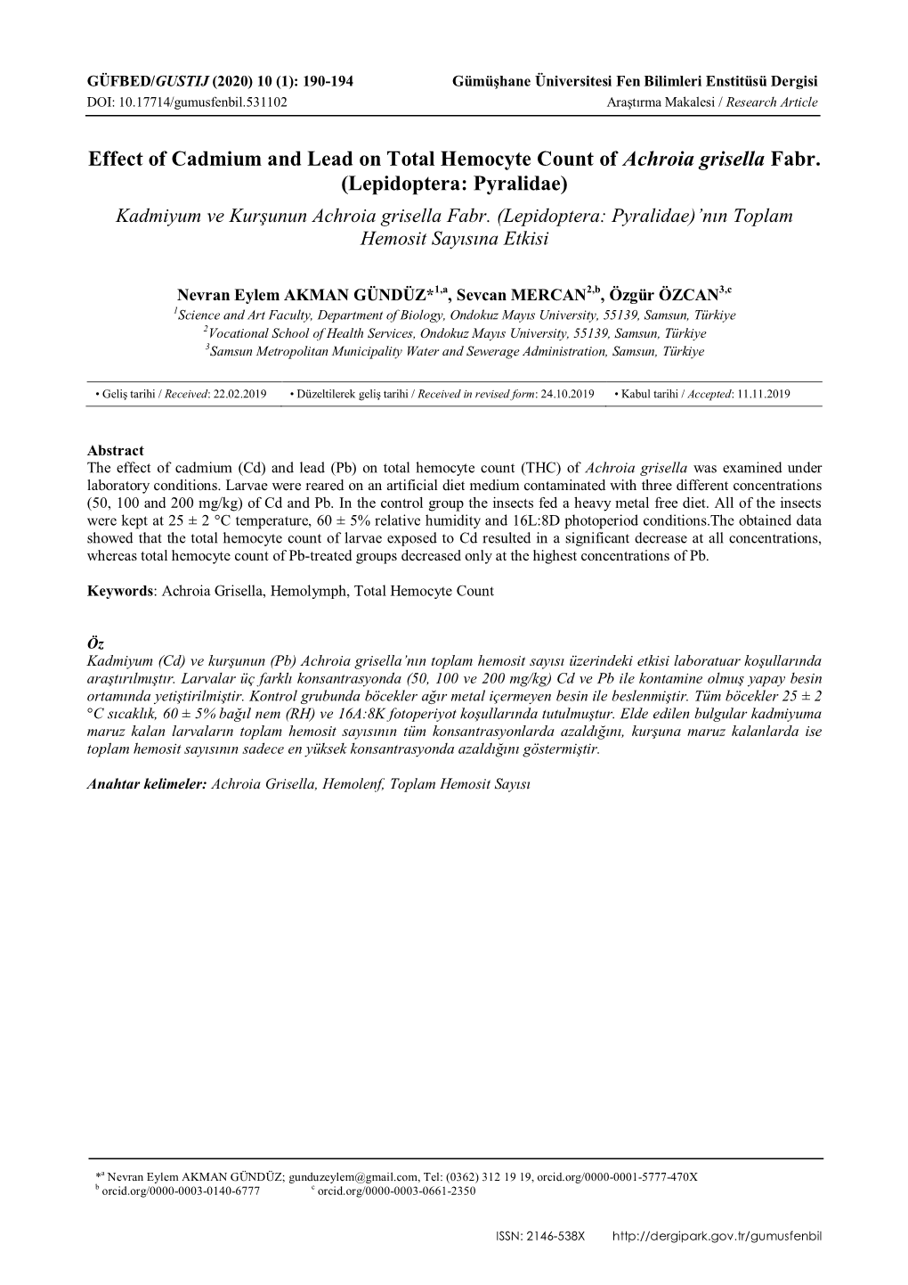 Effect of Cadmium and Lead on Total Hemocyte Count of Achroia Grisella Fabr