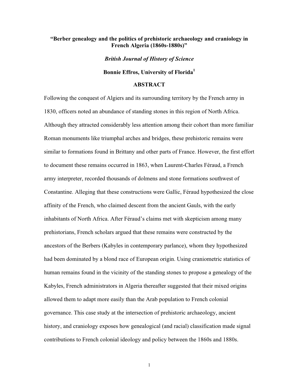 Berber Genealogy and the Politics of Prehistoric Archaeology and Craniology in French Algeria (1860S-1880S)”