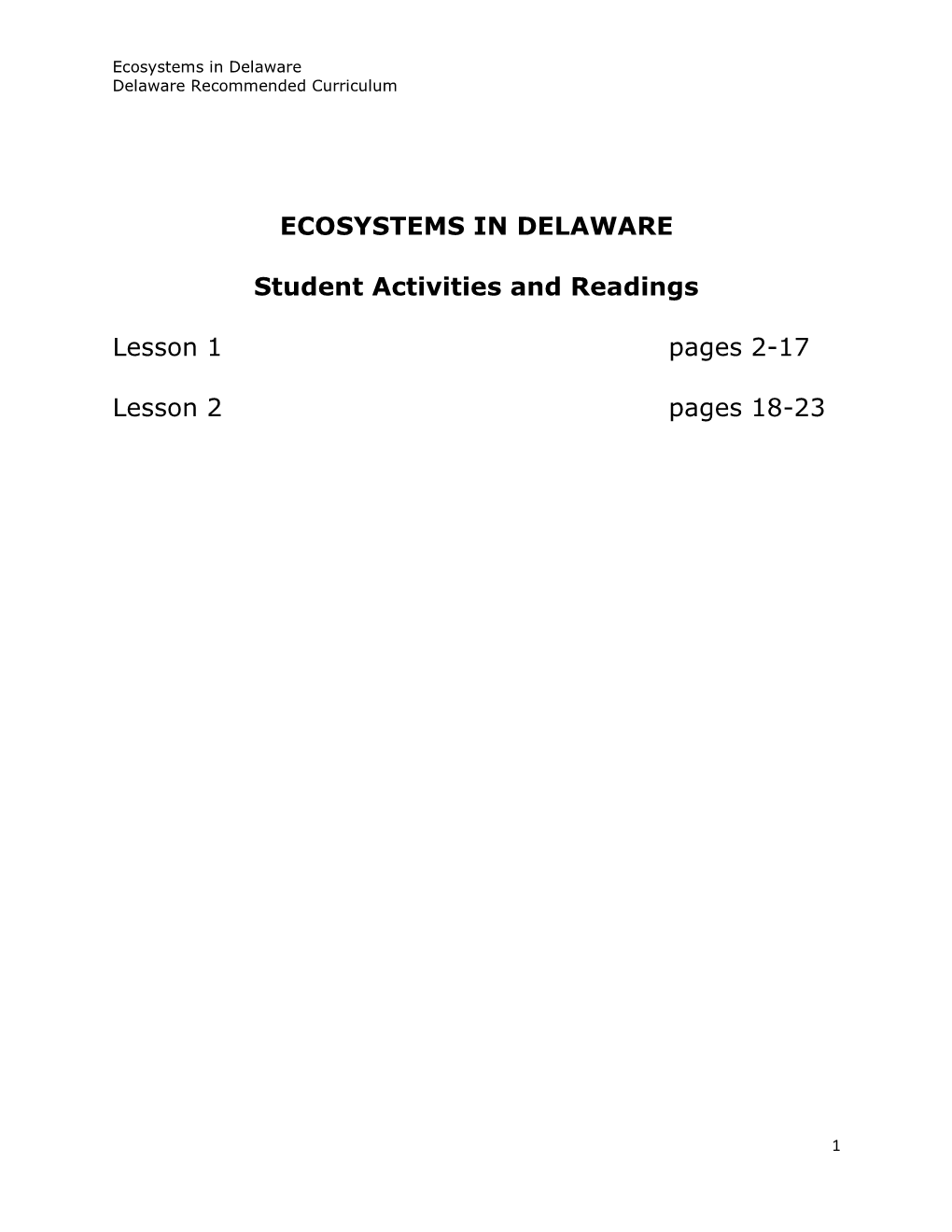 ECOSYSTEMS in DELAWARE Student Activities and Readings