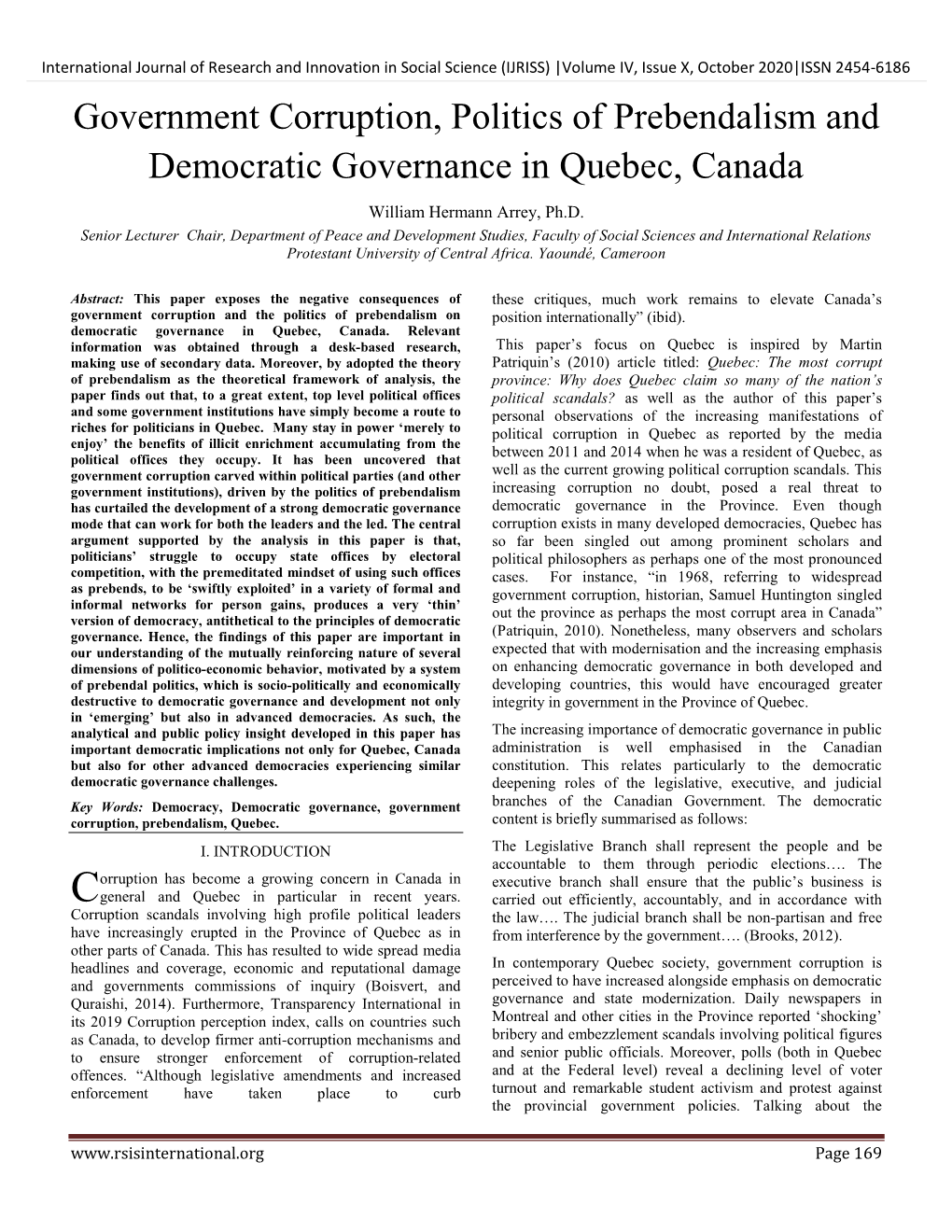 Government Corruption, Politics of Prebendalism and Democratic Governance in Quebec, Canada