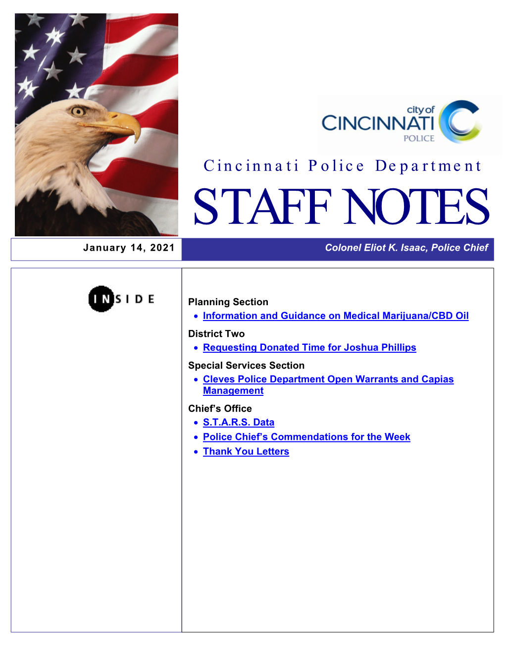 STAFF NOTES January 14, 2021 Colonel Eliot K