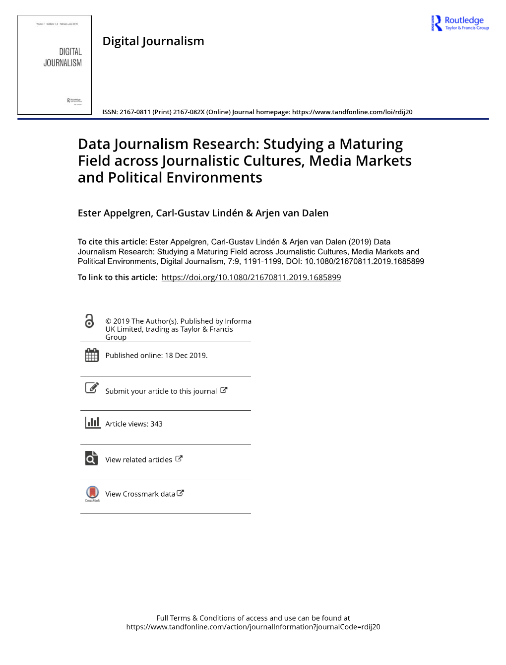 Data Journalism Research: Studying a Maturing Field Across Journalistic Cultures, Media Markets and Political Environments