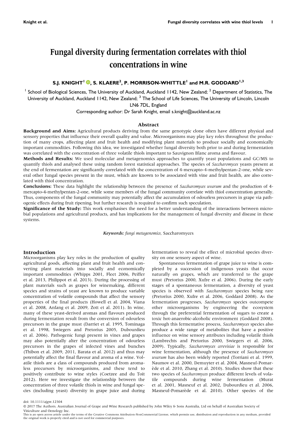 Fungal Diversity Correlates with Wine Thiol Levels 1