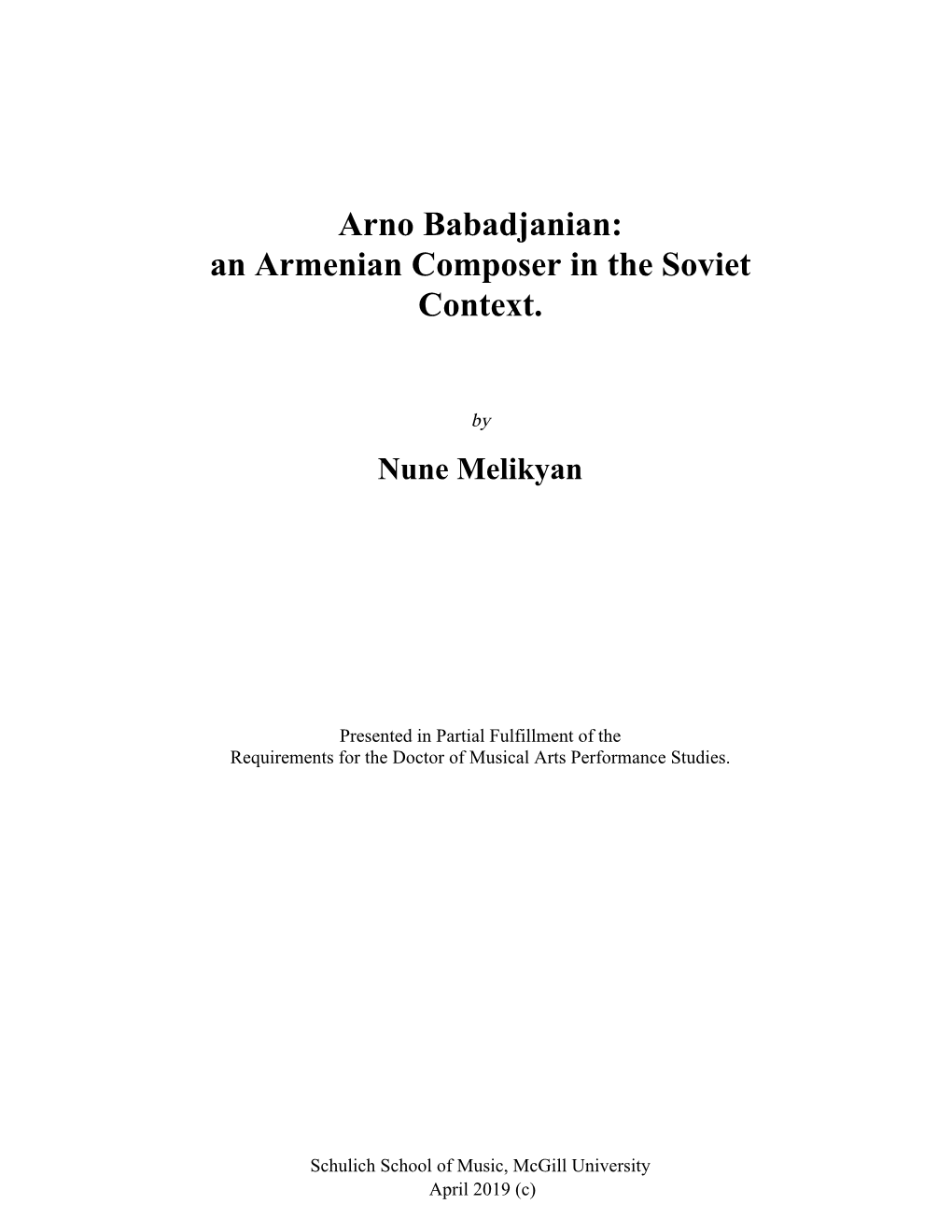 Arno Babadjanian: an Armenian Composer in the Soviet Context