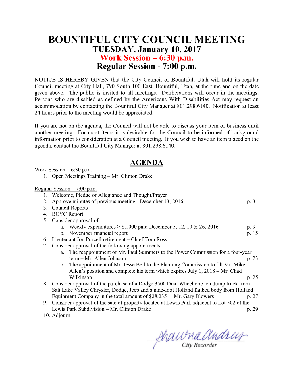 BOUNTIFUL CITY COUNCIL MEETING TUESDAY, January 10, 2017 Work Session – 6:30 P.M