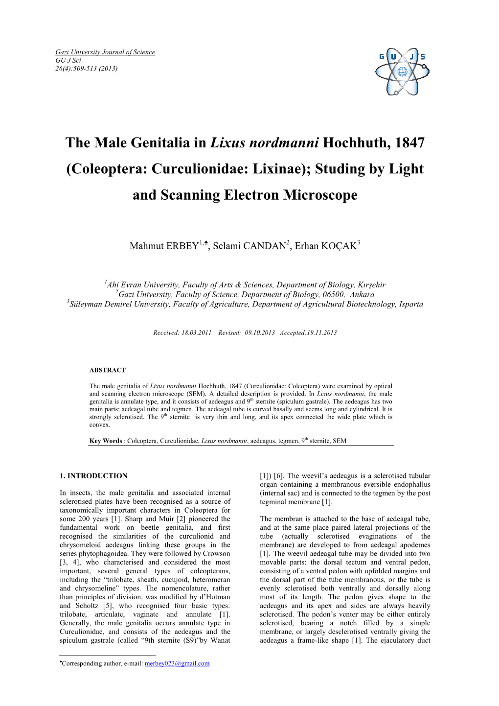 The Male Genitalia in Lixus Nordmanni Hochhuth, 1847 (Coleoptera: Curculionidae: Lixinae); Studing by Light and Scanning Electron Microscope