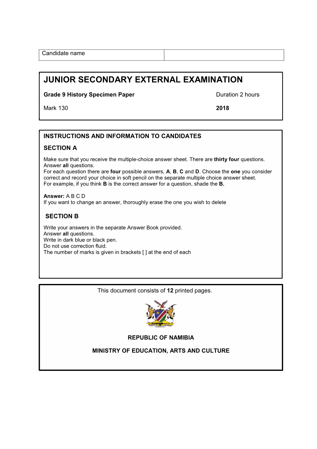 JS History Specimen Grade 9