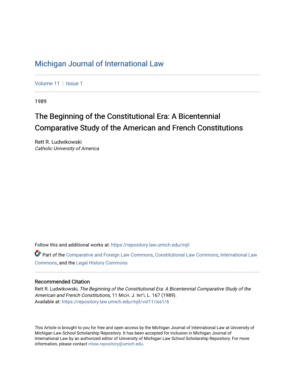 The Beginning of the Constitutional Era: a Bicentennial Comparative Study of the American and French Constitutions