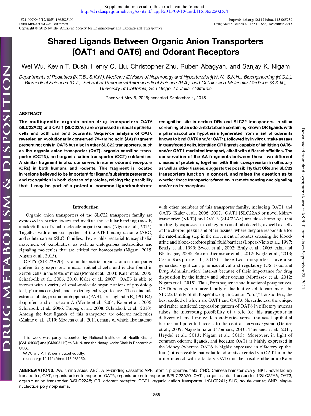 Shared Ligands Between Organic Anion Transporters (OAT1 and OAT6) and Odorant Receptors