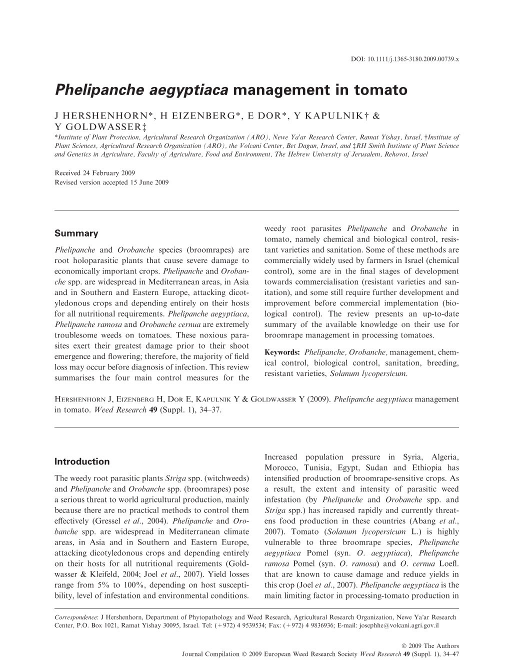 Phelipanche Aegyptiaca Management in Tomato