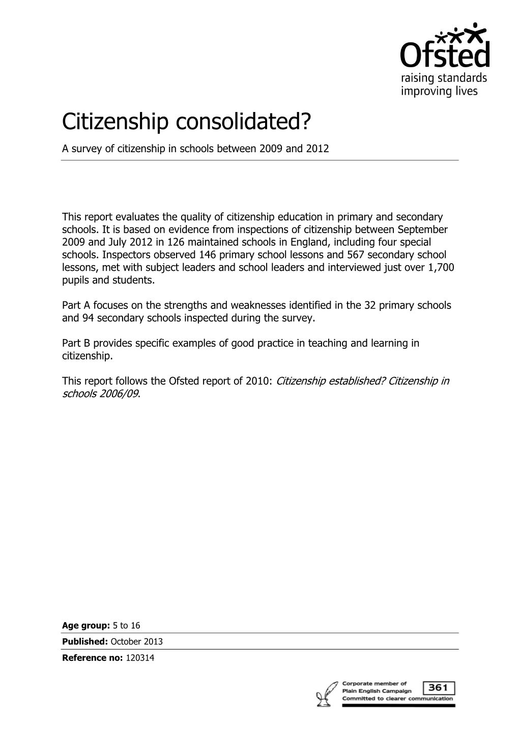 Citizenship Consolidated? a Survey of Citizenship in Schools Between 2009 and 2012