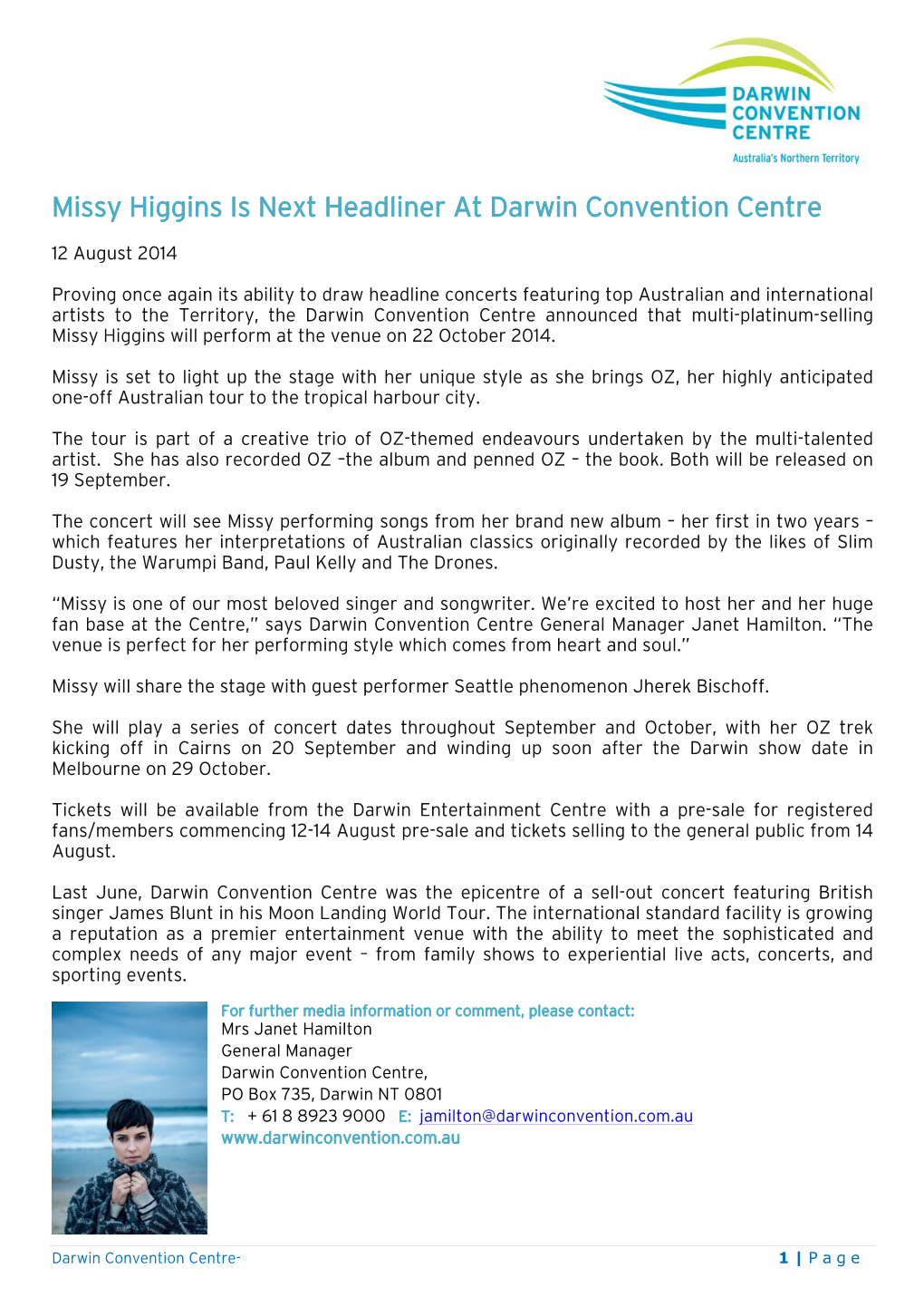 August 12 Missy Higgins Is Next Headliner at Darwin Convention