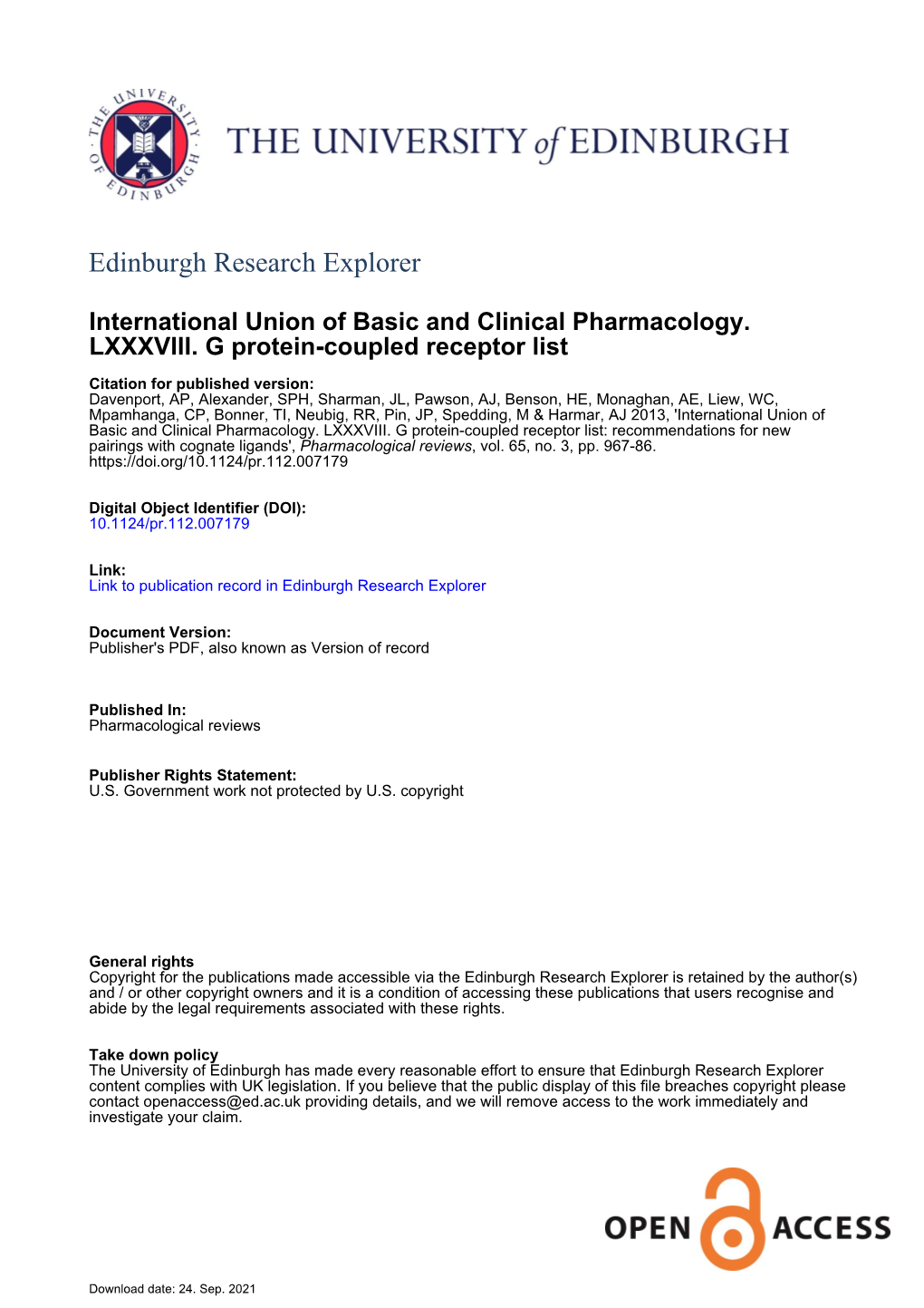 International Union of Basic and Clinical Pharmacology. LXXXVIII. G Protein-Coupled Receptor List