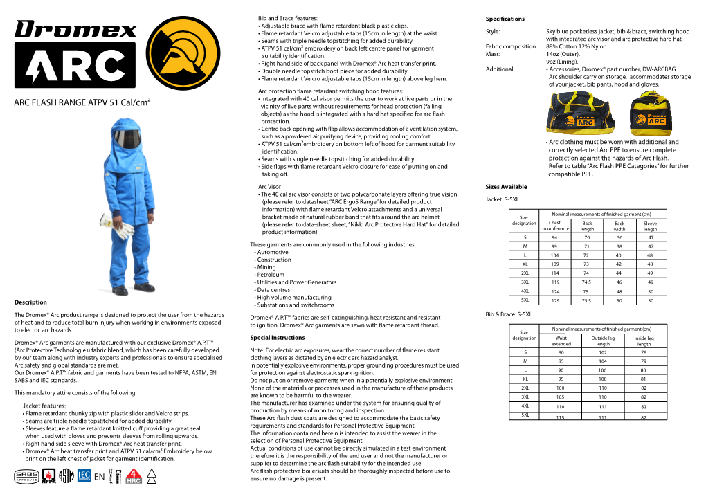 Technical Datasheet DW ARC 51 CAL RANGE