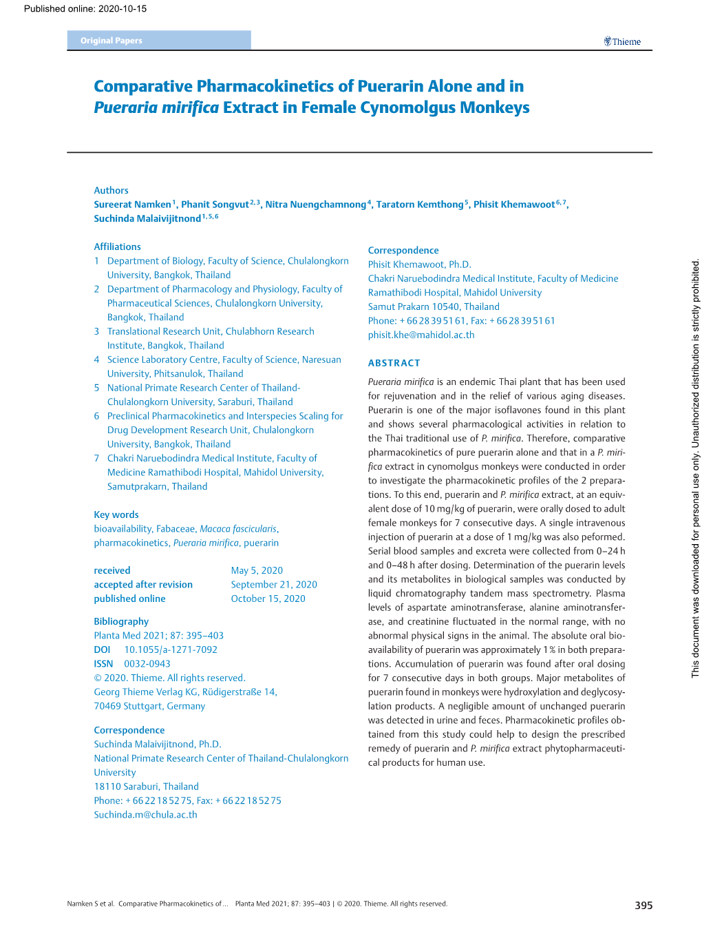 Comparative Pharmacokinetics of Puerarin Alone and in Pueraria Mirifica Extract in Female Cynomolgus Monkeys