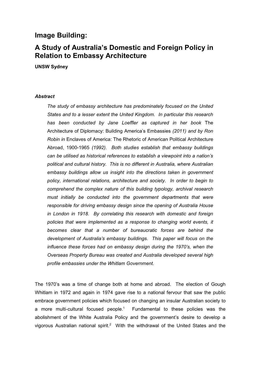 Image Building: a Study of Australia's Domestic and Foreign Policy in Relation to Embassy Architecture