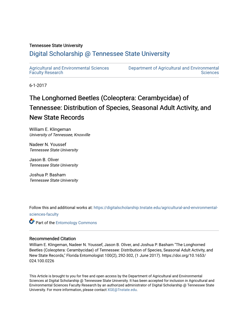 The Longhorned Beetles (Coleoptera: Cerambycidae) of Tennessee: Distribution of Species, Seasonal Adult Activity, and New State Records