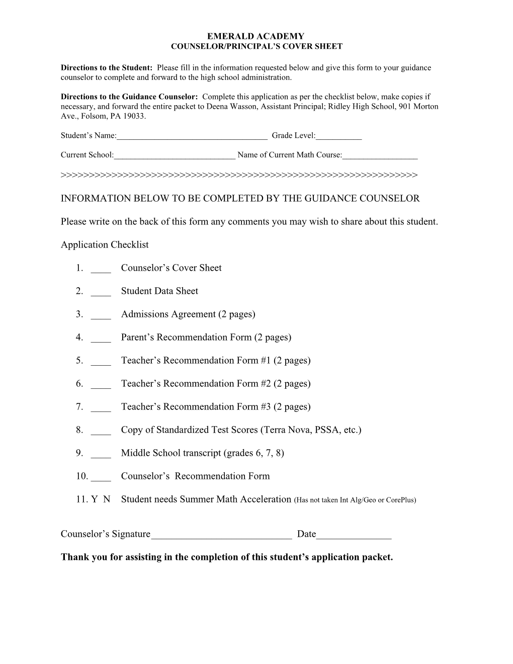 Counselor/Principal S Cover Sheet