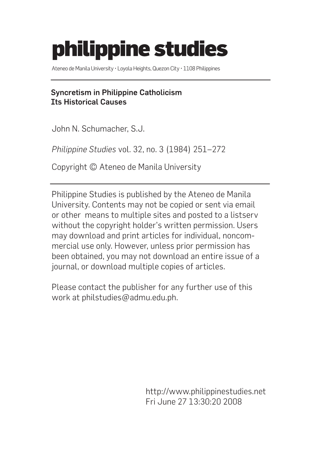 Philippine Studies Ateneo De Manila University • Loyola Heights, Quezon City • 1108 Philippines