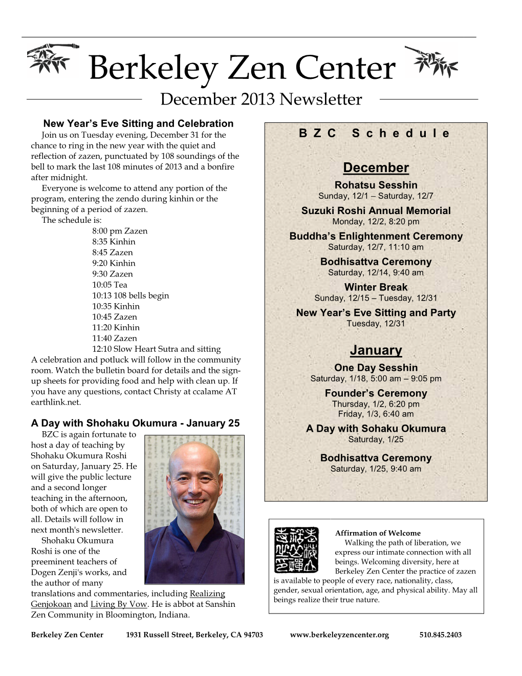 Berkeley Zen Center December 2013 Newsletter