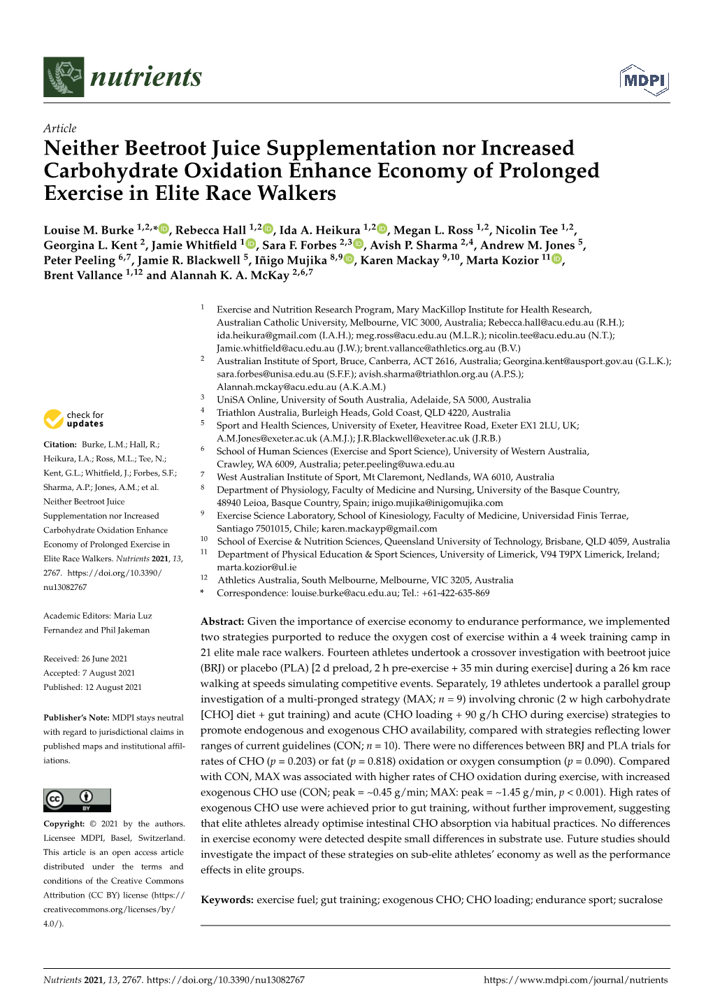 Neither Beetroot Juice Supplementation Nor Increased Carbohydrate Oxidation Enhance Economy of Prolonged Exercise in Elite Race Walkers