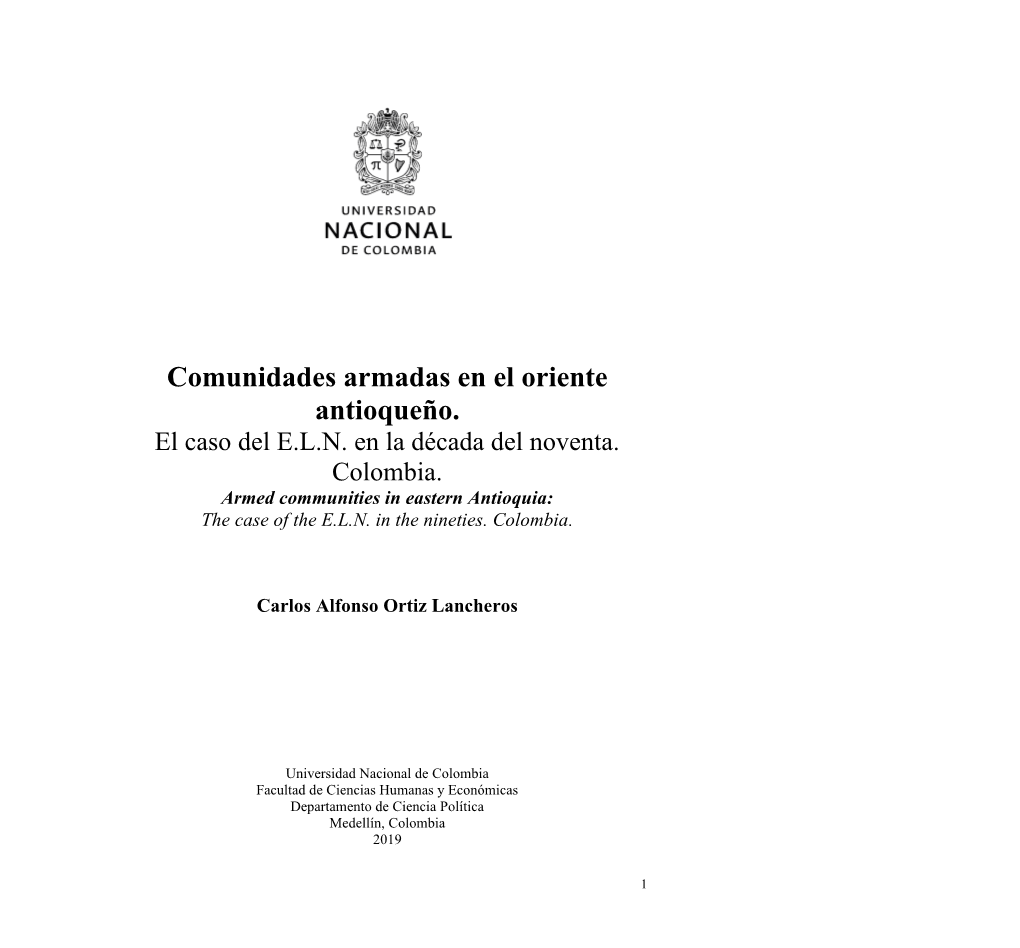 Comunidades Armadas En El Oriente Antioqueño. El Caso Del E.L.N