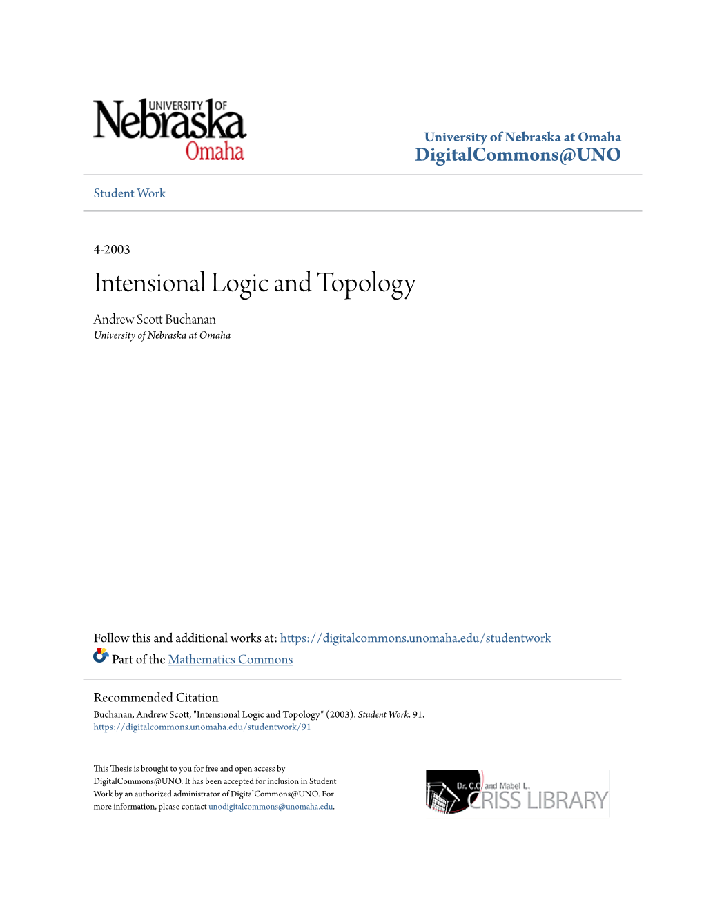 Intensional Logic and Topology Andrew Scott Uchb Anan University of Nebraska at Omaha