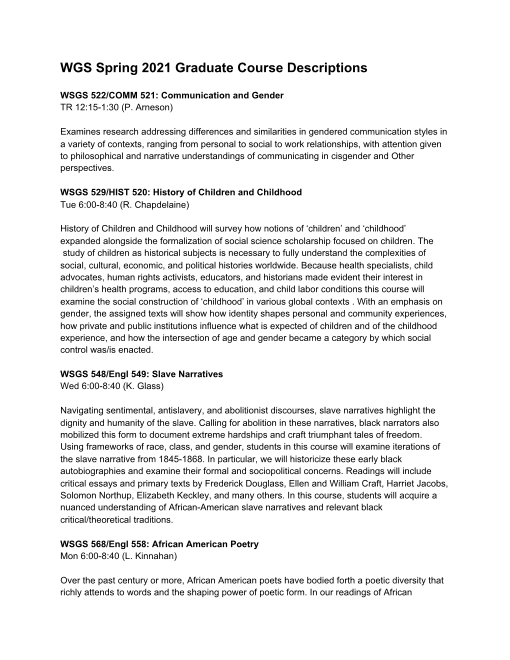 WGS Spring 2021 Graduate Course Descriptions