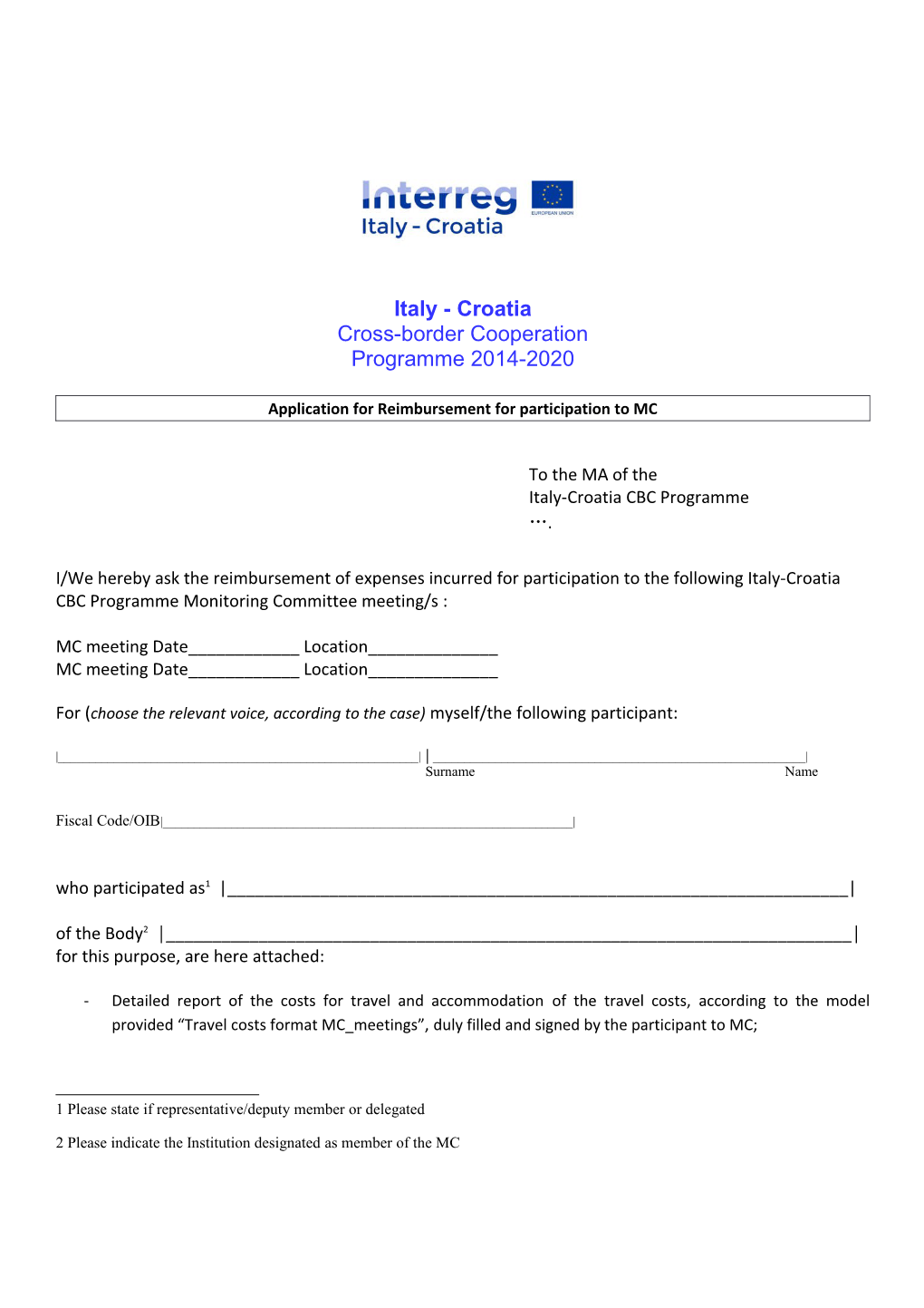 Application for Reimbursement for Participation to MC